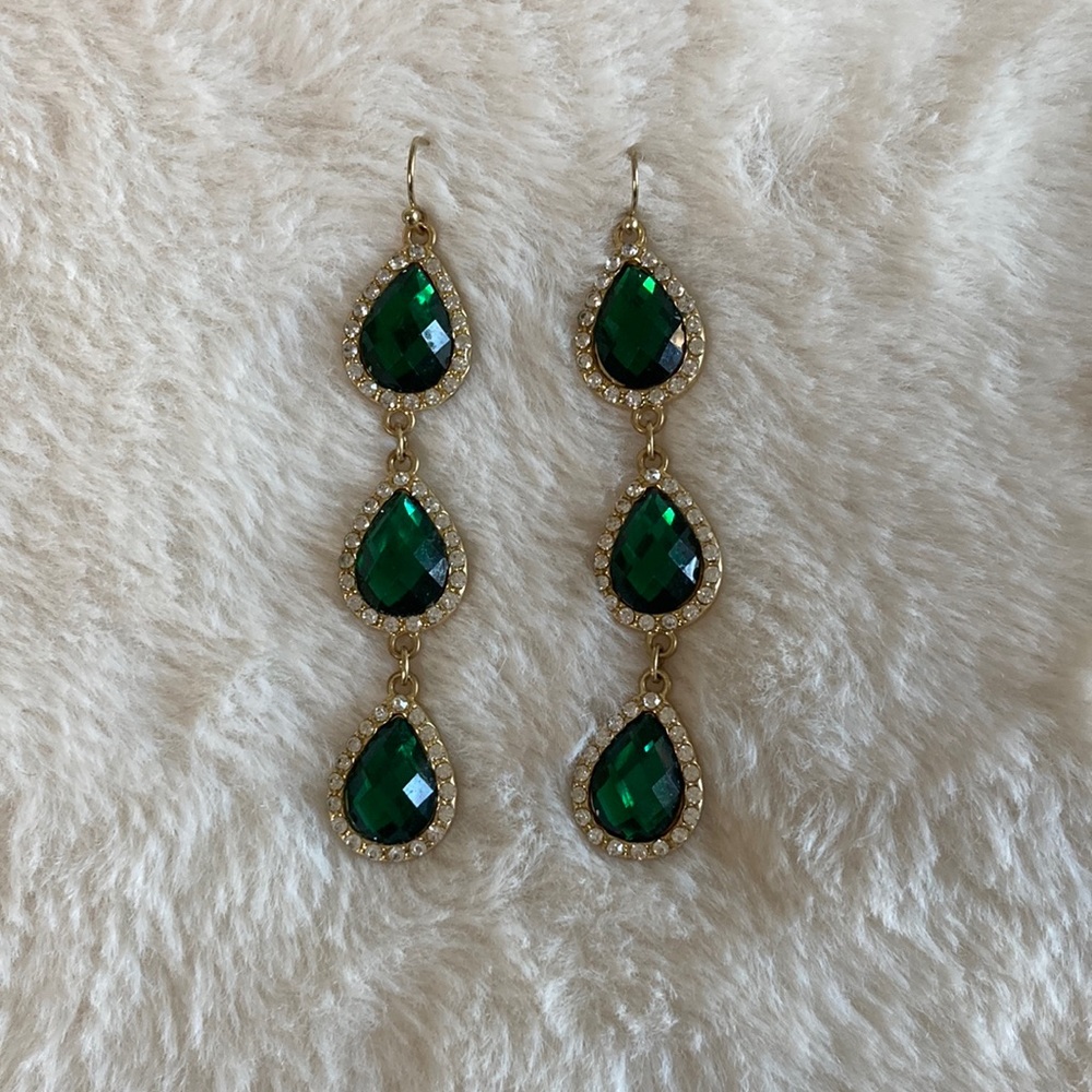 Statement Drop Earrings with Faux Emerald and Crystal Stones
